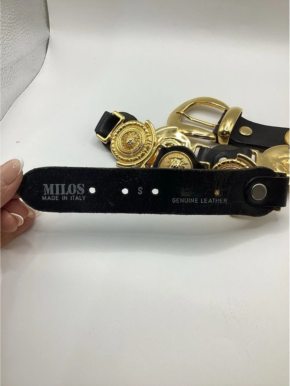 Milos Italy Vintage Black Leather Gold Medallion Coin Belt Medusa Style Small